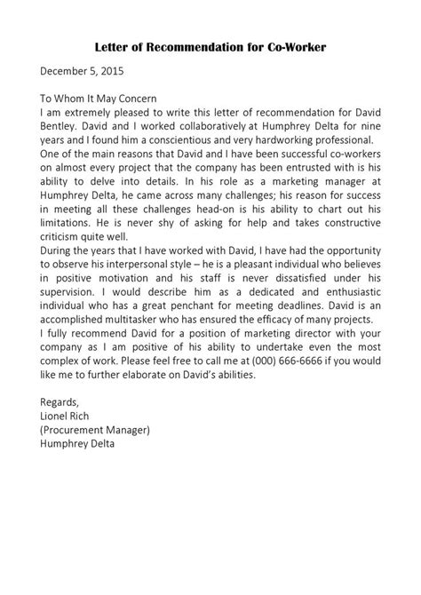 letter  recommendation  coworker examples   letter