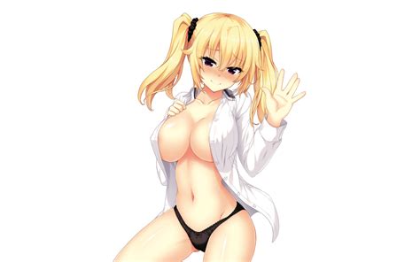 blonde hair blush breasts cleavage cropped long hair navel