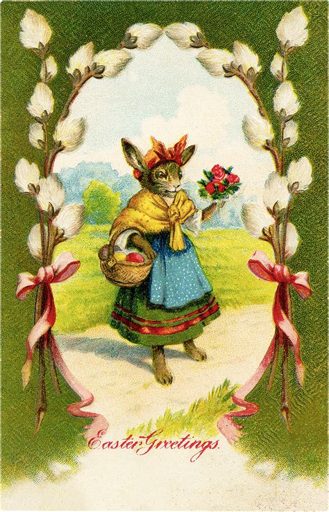Cute Vintage Easter Rabbit In Pussy Willow Frame Image