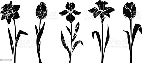 Spring Flowers Vector Black Silhouettes Stock Illustration