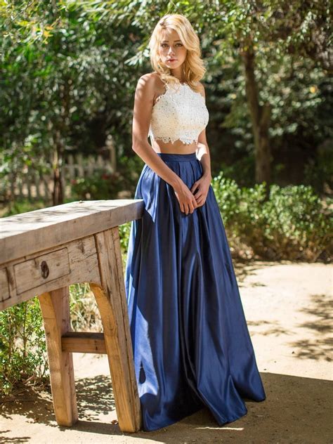 two piece long prom dress lace crop top and satin skirt