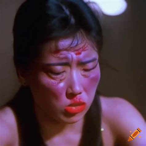 asian woman fighter with bruised head in 80s movie scene on craiyon