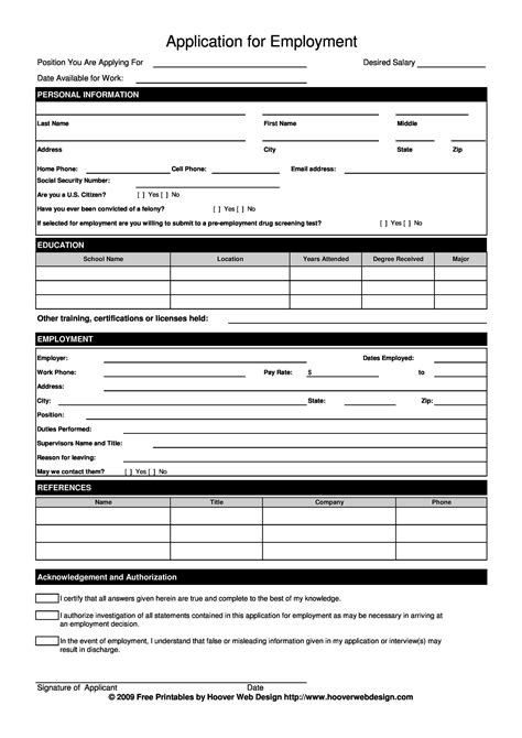 employment job application form templates printable