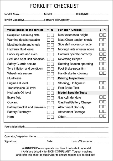 forklift inspection checklist template  printable  db