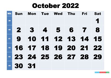 printable october  calendar  week numbers