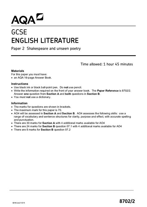 aqa gcse english literature paper  shakespeare  unseen poetry
