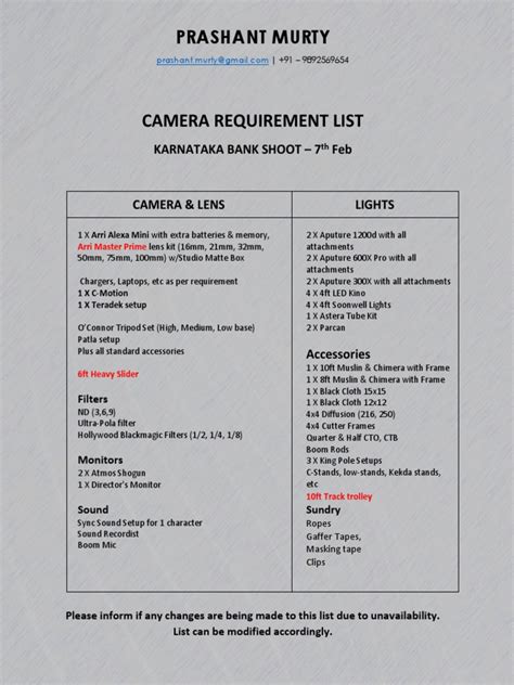 camera requirement list kb shoot  feb  optical devices photography equipment