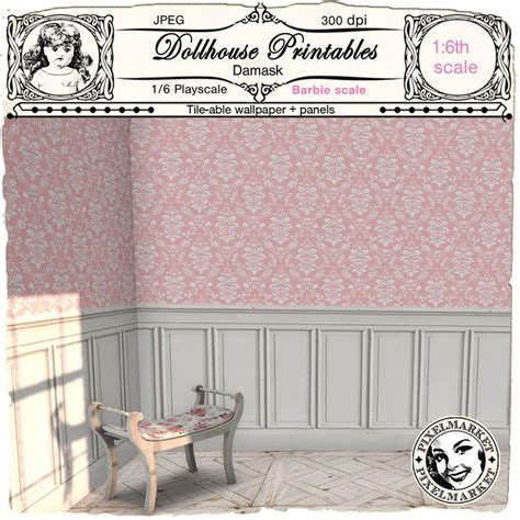 dollhouse printable wallpaper  wainscoting pink damask wall covering