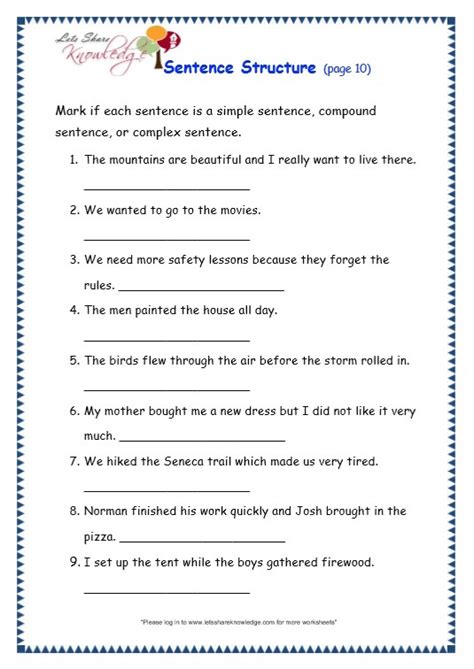 grade sentence structure worksheets  answer key  kiddo