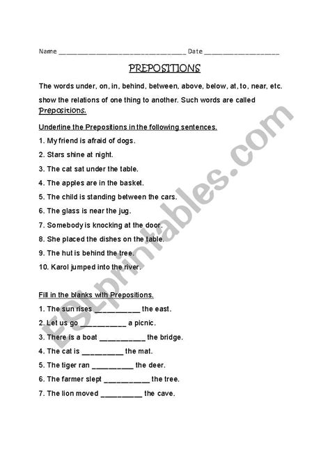 prepositions esl worksheet  bhagyodaya