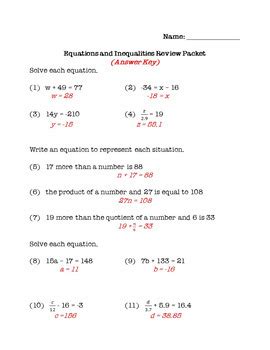 grade math solving equations  inequalities review packet