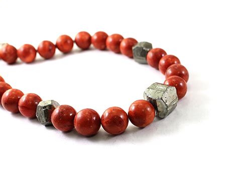 red coral necklace raw pyrite necklace rough stone jewelry