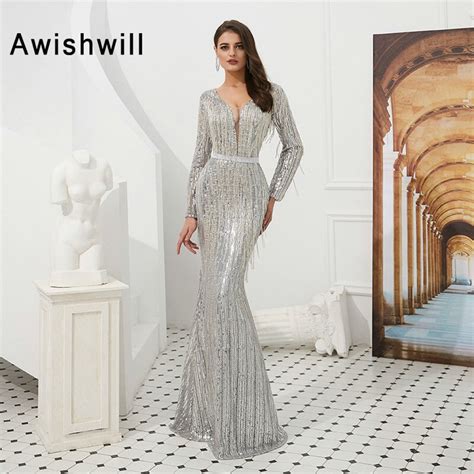 Silver Sequin Prom Dress Mermaid V Neck Tassel Beadings Floor Length