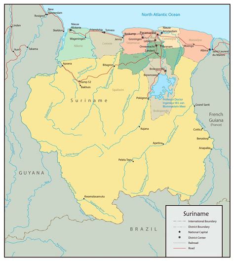 large political  administrative map  suriname  roads  cities suriname south