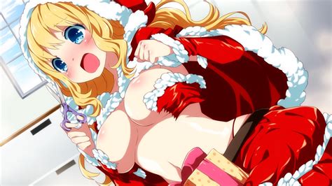 blonde hair blue eyes blush breasts game cg hat inma long hair sakura santa santa costume santa