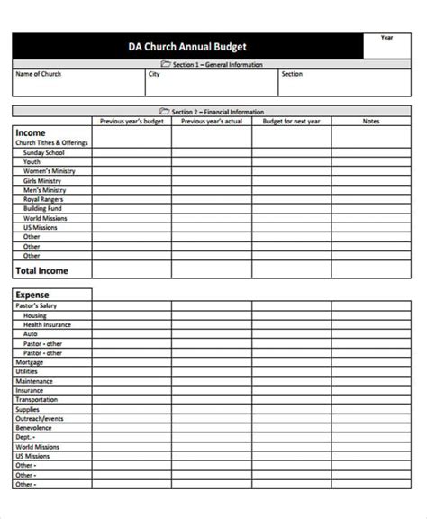 printable church budget template