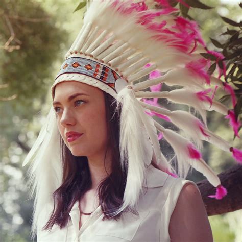 native american indian war headdress white fur pink feather
