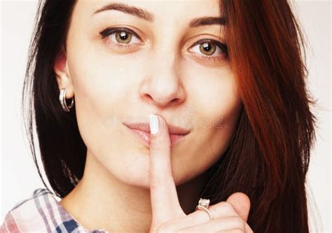 Shut Up Please Finger On Lips Attractive Woman With Sign Stock