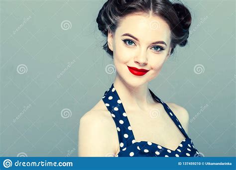 pin up woman portrait beautiful retro female in polka dot dress with