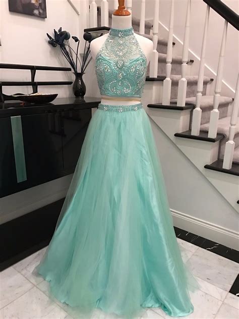 Beaded Mint Green Two Piece Prom Dress High Neck Formal Gown · Beloves