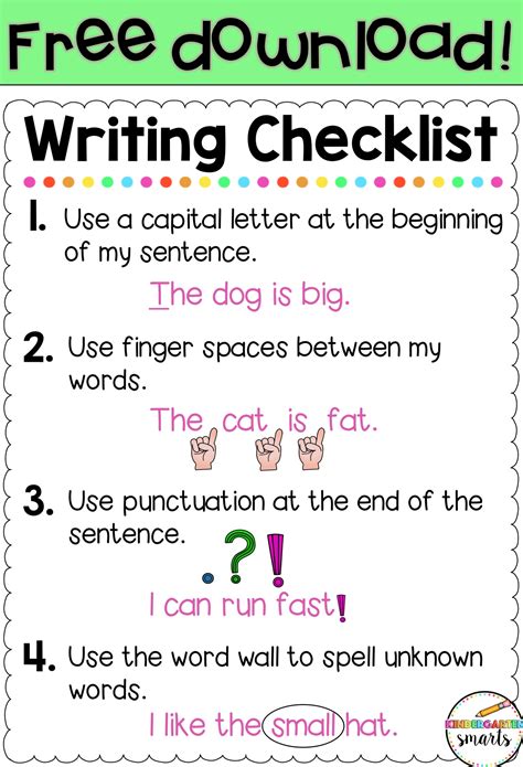 writing checklist  kindergarten smarts
