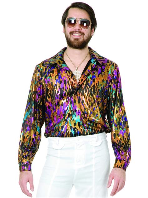 Mens 70s Vintage Metallic Multi Colored Flame Disco Shirt
