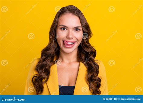 Portrait Of Attractive Funny Cheerful Sly Wavy Haired Woman Licking Lip