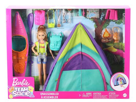 barbie team stacie doll and accessories set with toy tent kayak and 15