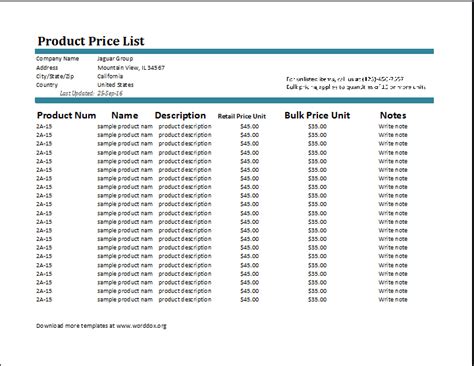 excel price list template