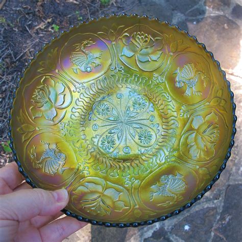 antique fenton apple green dragon and lotus carnival glass bowl
