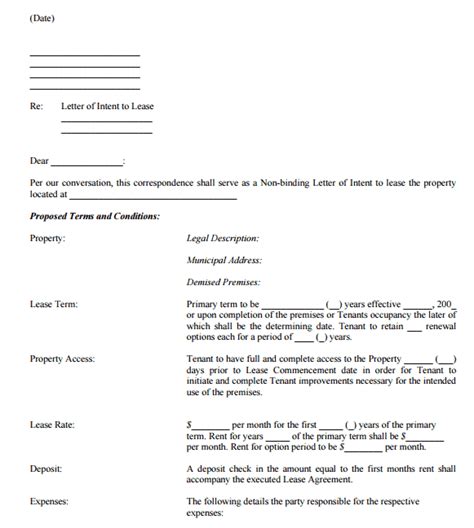 letter  intent  lease templates word excel templates