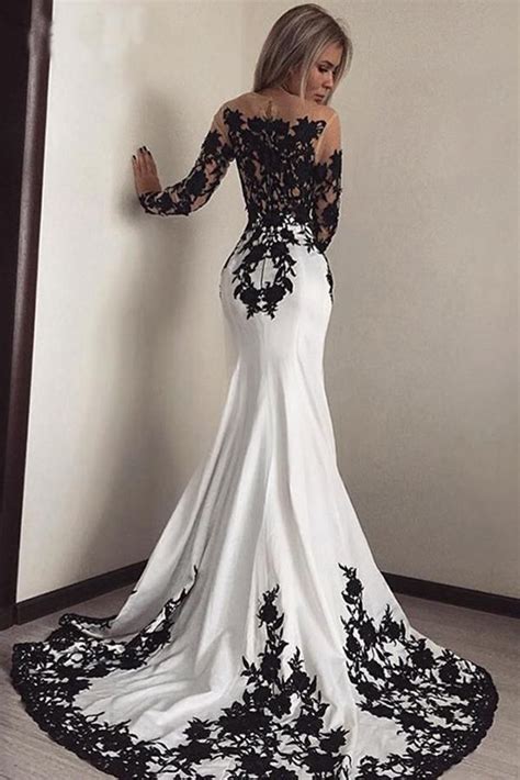 elegant white black lace appliques mermaid long sleeves satin prom dresses rs black lace