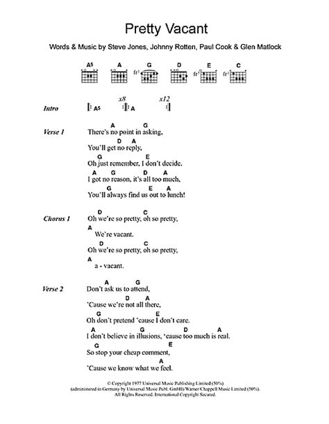 Pretty Vacant Sheet Music By The Sex Pistols Lyrics And Chords – 106752