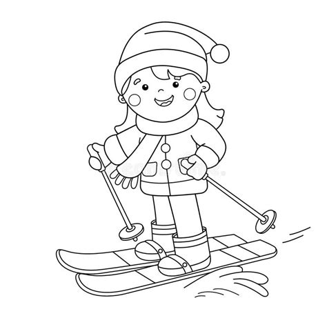 coloring page outline  cartoon girl skiing winter sports coloring
