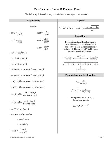 precalculus formula sheet pre calculus grade  formula page
