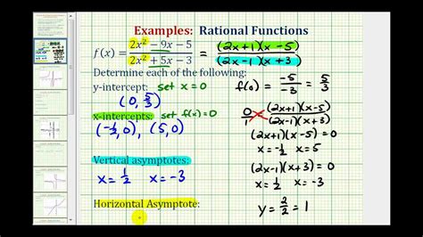 find  intercepts  asymptotes   rational function youtube