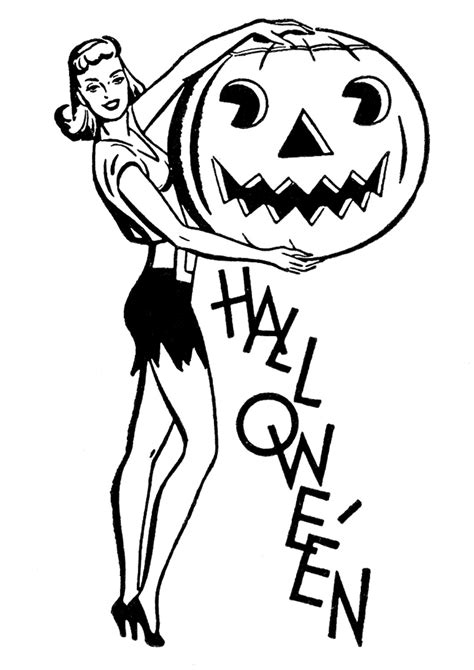 Retro Halloween Clip Art Pretty Lady With Pumpkin The