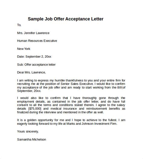 job offer acceptance letter template business