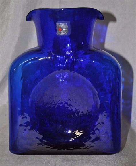 Blenko Art Glass Cobalt Blue Double Spout Water Pitcher Decanter Carafe
