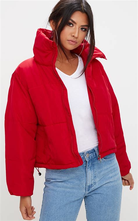 red cropped puffer jacket coats jackets prettylittlething