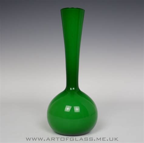 Vintage 1960s 1970s Green Glass Bottle Vase With White Interior Green