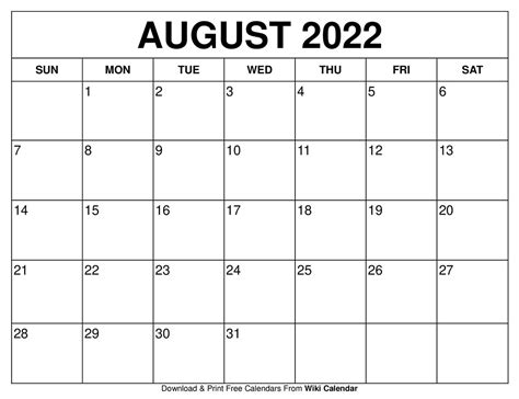 printable august calendar  printable calendar