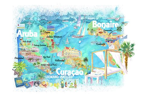 aruba bonaire curacao illustrated islands travel map  roads  highlights painting