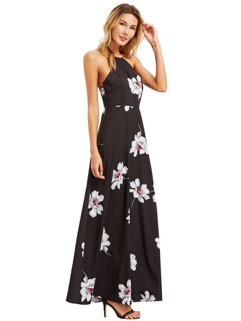 Black Floral Print Halter Neck Maxi Dress Shein Sheinside
