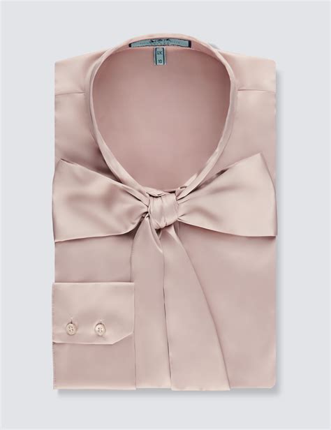 Satin Women S Fitted Shirt With Pussy Bow In Taupe Hawes And Curtis Uk