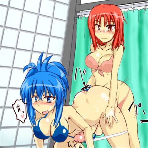 2girls bathroom bikini blue eyes blue hair blush breasts femdom futa with futa futanari fuyu