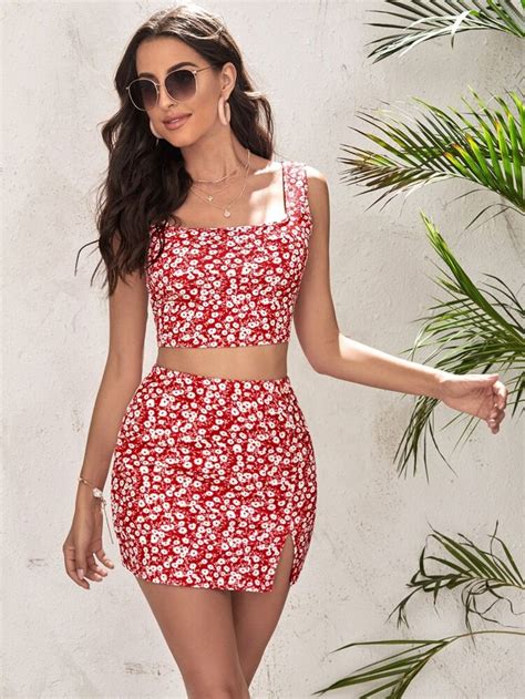 ditsy floral crop tank top and split hem skirt set shein usa split