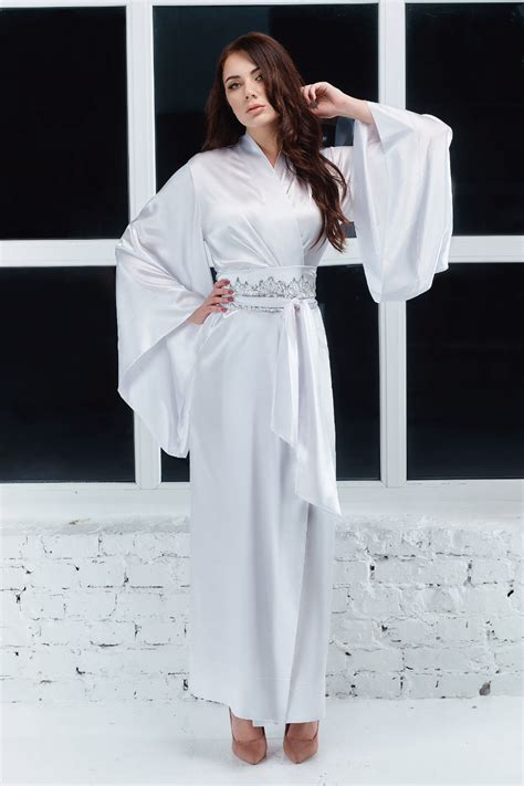 Silk White Kimono Long Bridal Robe Full Length Robe