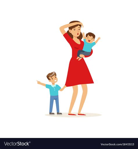 cartoon of tired mother and her sons royalty free vector