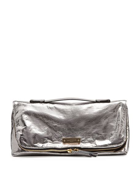 lanvin large metallic fold  clutch bag silver